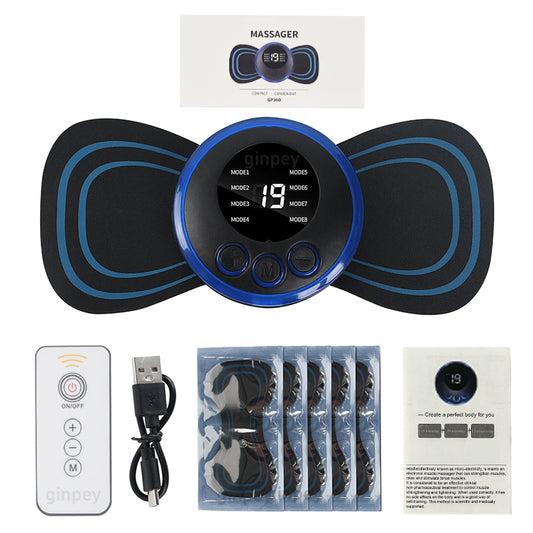  ultrasonic muscle massager with remote control, USB cable, and packaging on a white background