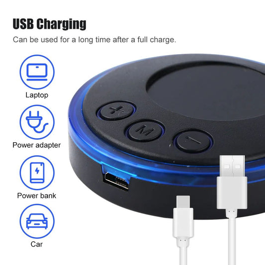 Round black and blue device with USB charging capabilities, including laptop, power adapter, power bank, and car icons.